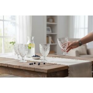 Fitz and Floyd Wine Goblets Set of 5 Clear New Embossed Fleur-de-Lis Glassware